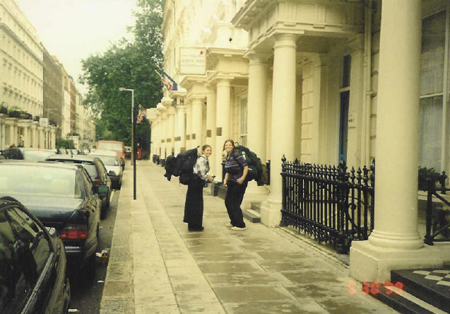 Heather and I in front of our hotel with our big back packs -- just arrived in London!